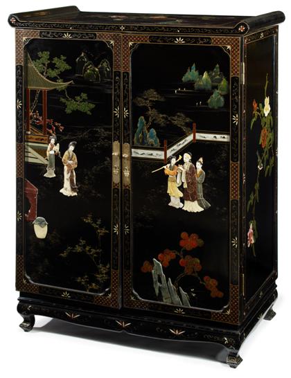 Appraisal: Chinese style black lacquered specimen and bone onlaid cabinet th