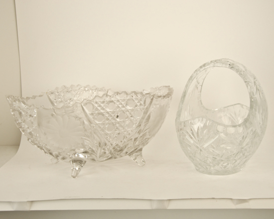 Appraisal: Pieces Cut Glass Crystal Basket H W Footed Bowl with