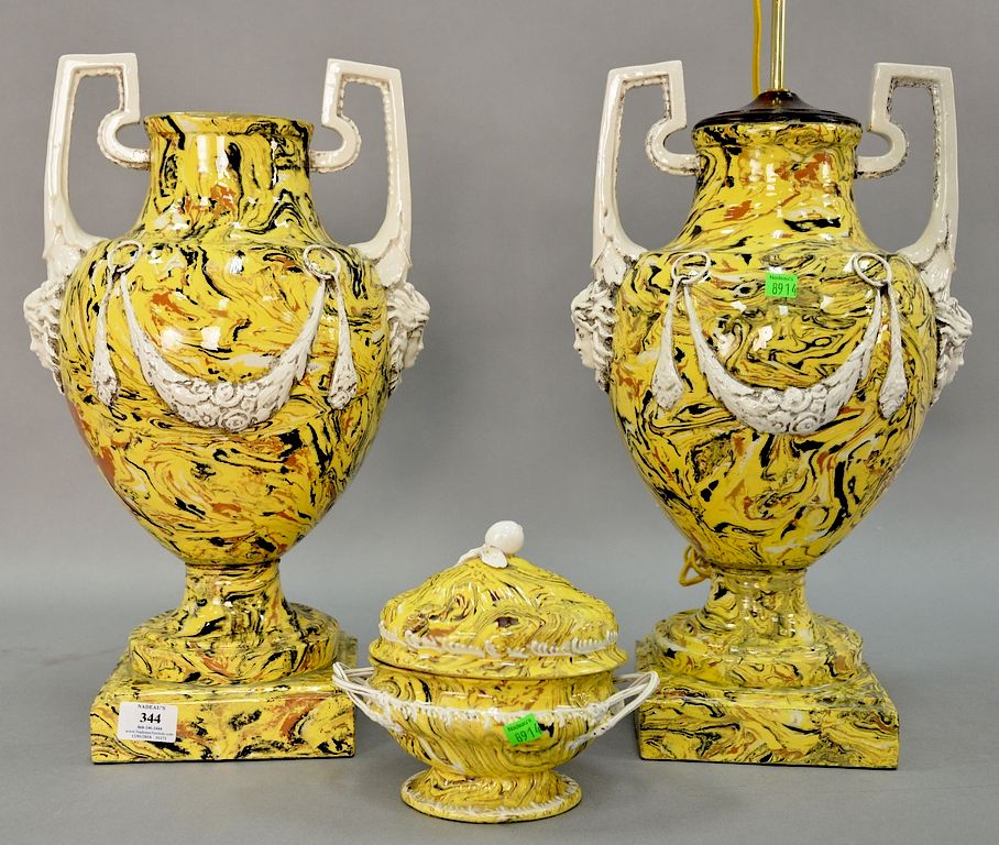 Appraisal: Pair of Meiselman Italian ceramic urns yellow ground and matching