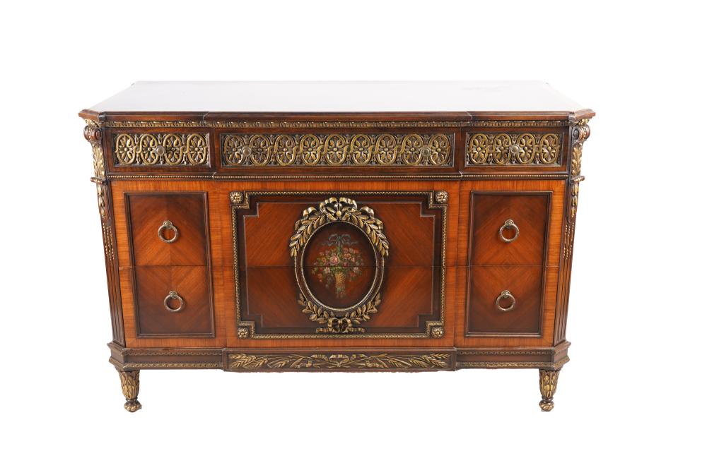 Appraisal: NEOCLASSICAL STYLE GILT PAINTED COMMODE th century with three frieze