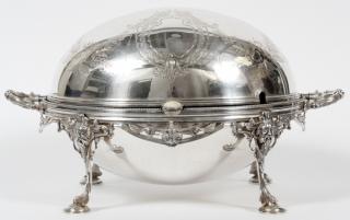 Appraisal: SHEFFIELD PLATE ENTREE WARMER H Revolving cover Raised on high