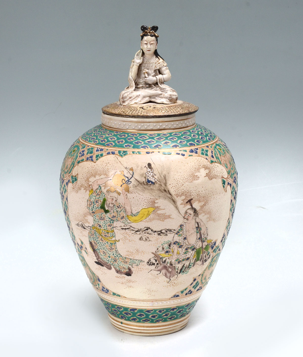 Appraisal: KOREAN FIGURAL LIDDED JAR Circa Korean jar with a surmounting