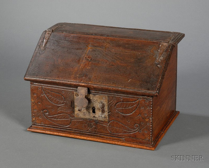 Appraisal: Carved Oak Slant-lid Document Box and Cover probably Spain th