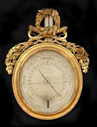 Appraisal: LOUIS XVI CARVED GILTWOOD BAROMETER THERMOMETER The oval painted dial