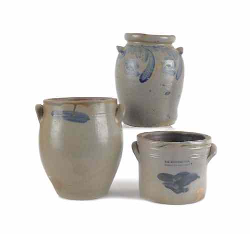 Appraisal: Three pieces of blue decorated stoneware th c one impressed