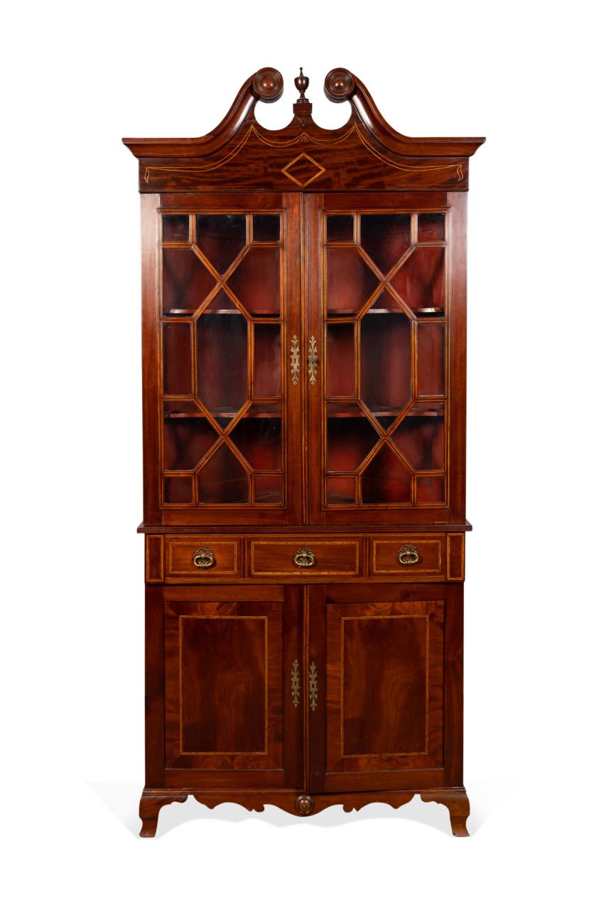 Appraisal: EDWARDIAN INLAID MAHOGANY GLAZED CORNER CABINET English Edwardian inlaid mahogany