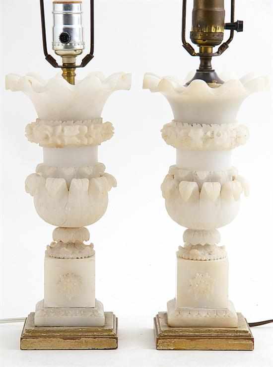 Appraisal: Pair carved alabaster urns converted to lamps late th century