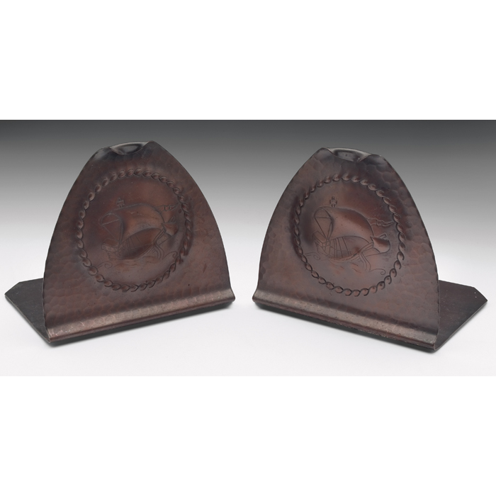 Appraisal: Roycroft bookends pair hammered copper with tooled sailing ship designs