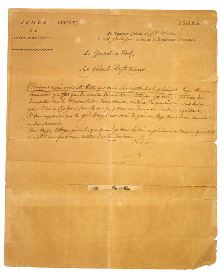 Appraisal: LETTER FROM LECLERC ON TOUSSAINT HAITI L'OUVERTURE TOUSSAINT LECLERC CHARLES