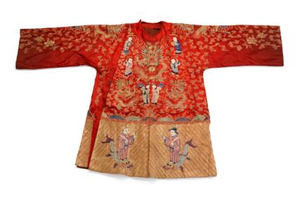 Appraisal: Chinese golden thread and red ground robe early th century