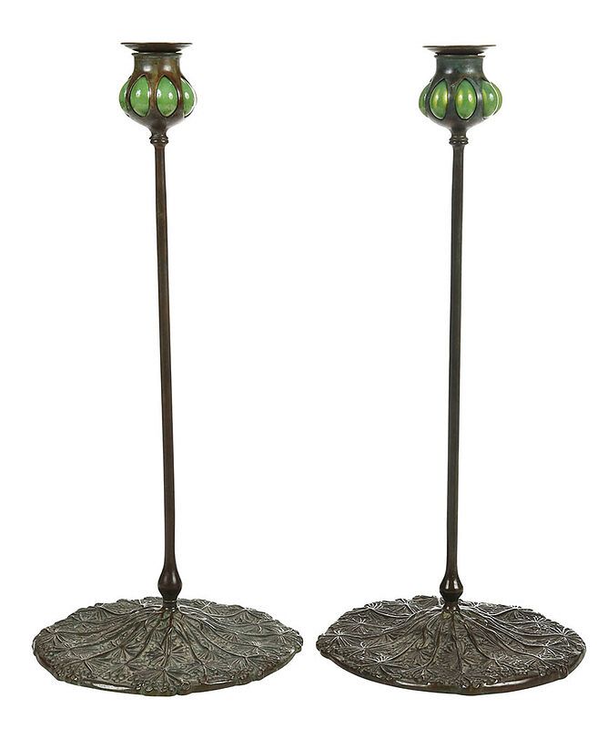 Appraisal: Pair Tiffany Favrile and Bronze Candlesticks American early th century