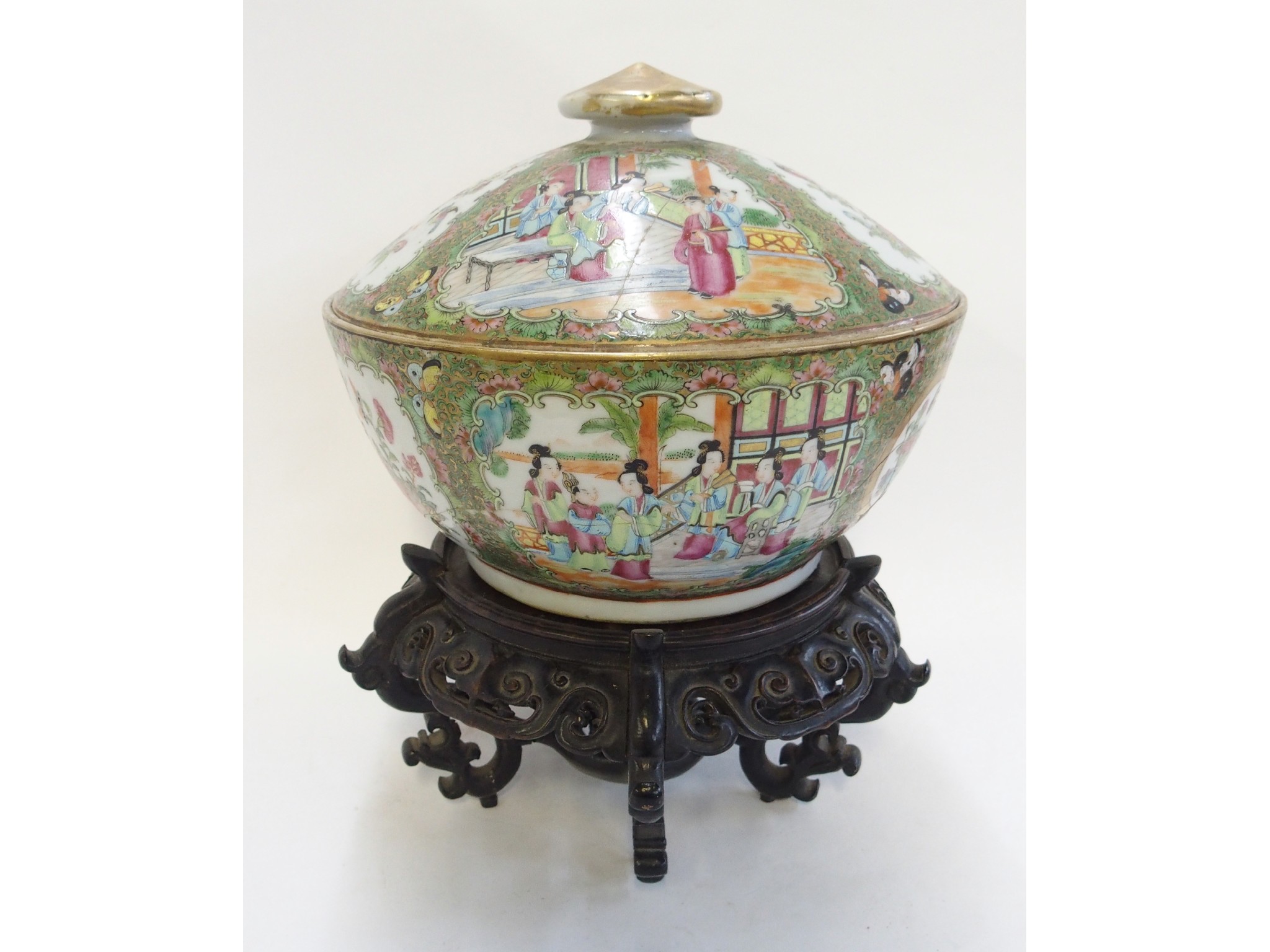 Appraisal: A large Chinese Canton covered bowl with a hardwood stand