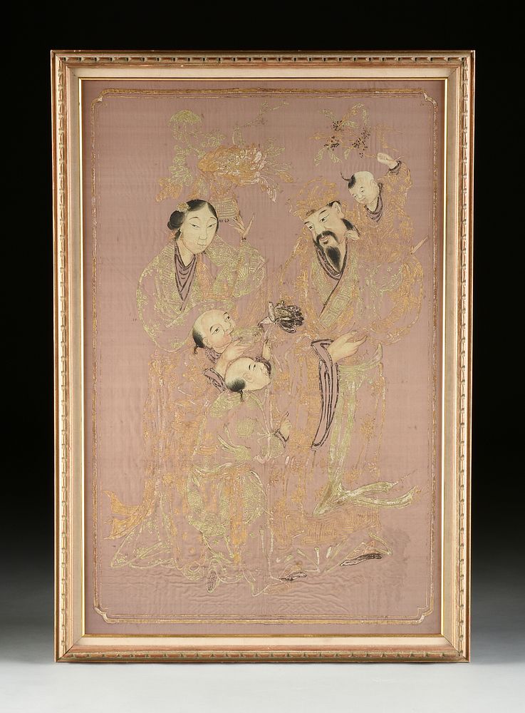 Appraisal: A CHINESE PARCEL GILT COLLAGE Family with Three Boys REPUBLIC