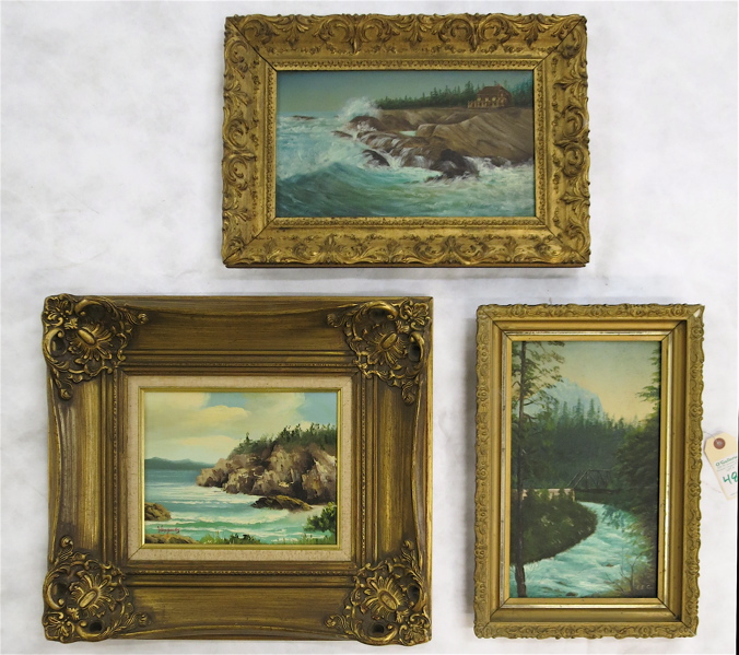 Appraisal: THREE LANDSCAPE OILS ON BOARD Seascape with rocks image measures