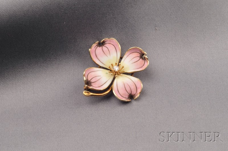 Appraisal: kt Gold Enamel and Diamond Dogwood Brooch centering a full-cut