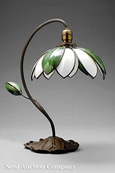 Appraisal: A Handel Patinated Bronze and Leaded Slag Glass Lily Lamp