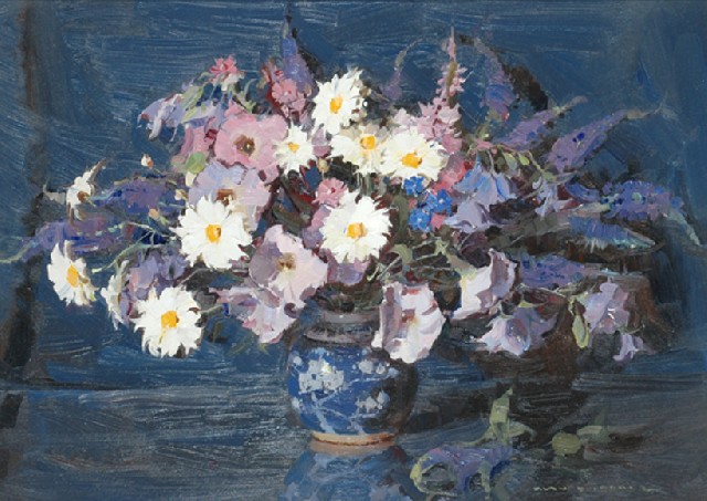 Appraisal: Alan D Baker - Floral in Blue oil on board