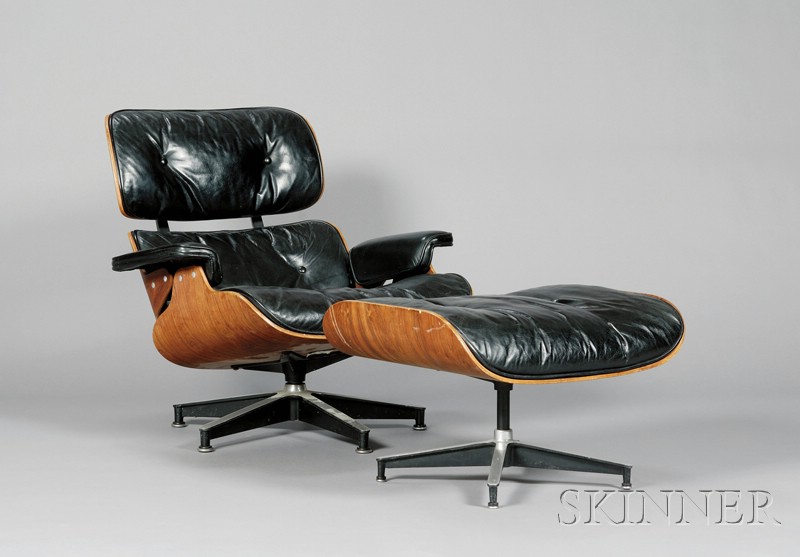 Appraisal: Charles Eames Lounge and Ottoman Black leather and laminated rosewood