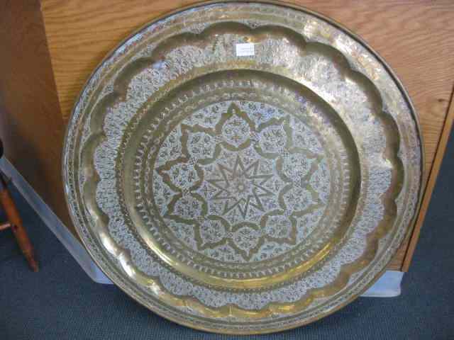 Appraisal: Large Hand Engraved Brass Tray or Tabletop elaborate designs ''