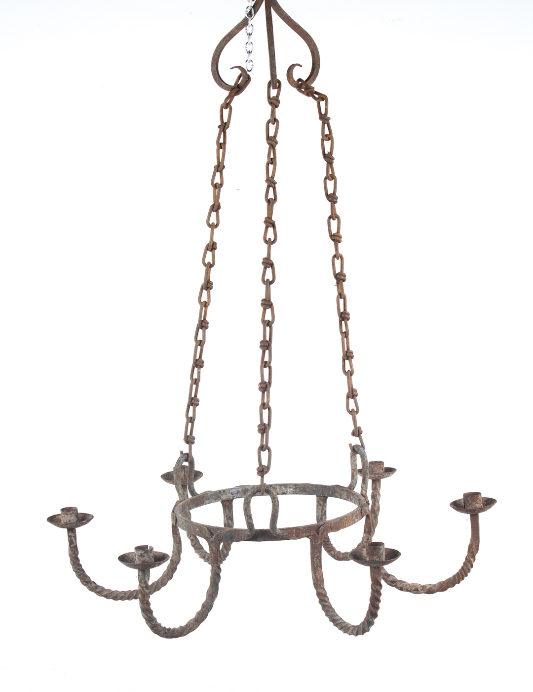 Appraisal: Primitive style wrought iron -light chandelier circular center with twisted