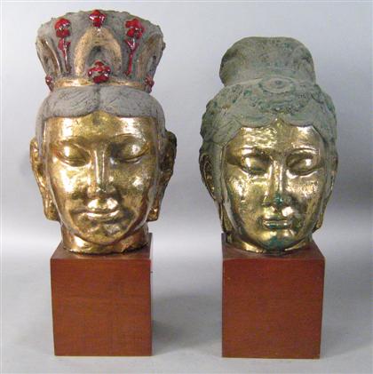 Appraisal: Pair of Chinese painted and enameled stoneware busts of Bodhisattva