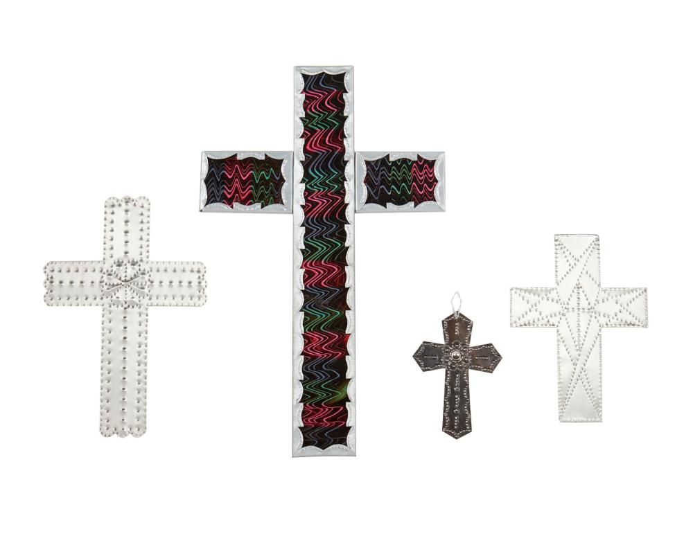 Appraisal: Four devotional tin wall crosses Three groupings A Nicolas Madrid