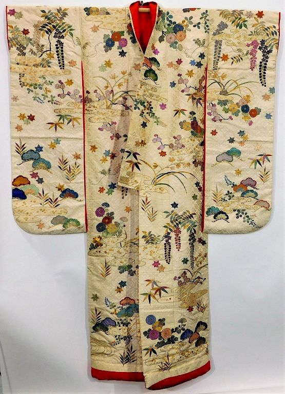 Appraisal: Edo Period Embroidered Silk Damask Uchikake Kimono Japan Circa Hand