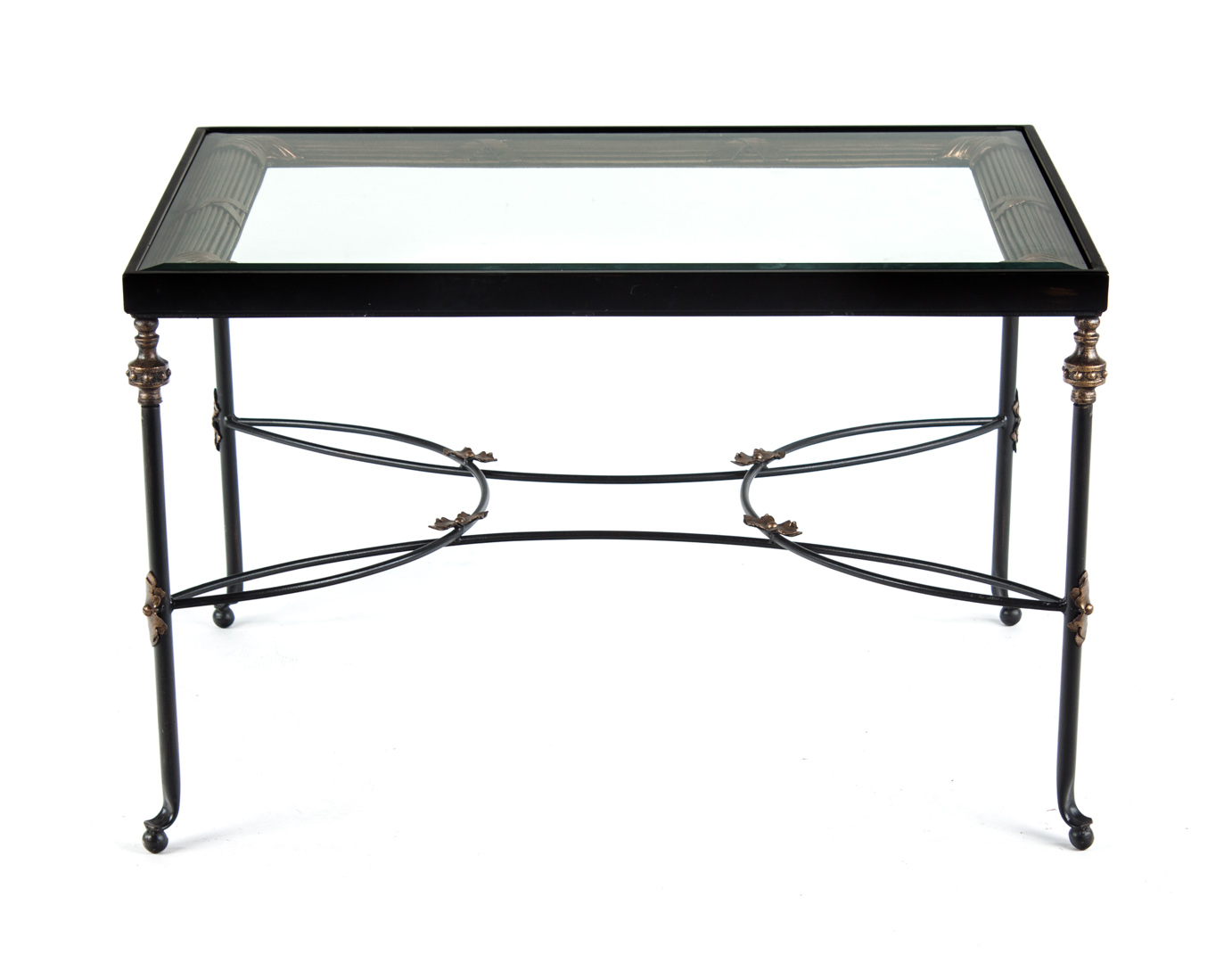 Appraisal: Black gilt glass top wrought iron coffee table beveled glass