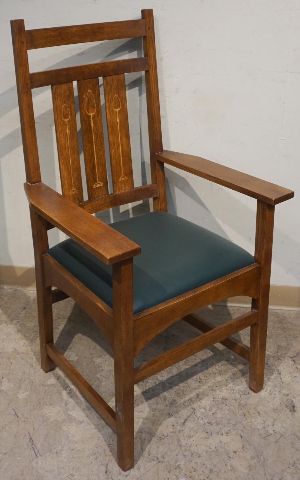 Appraisal: Stickley Inlaid Oak and Green Leather Seat Arm Chair H