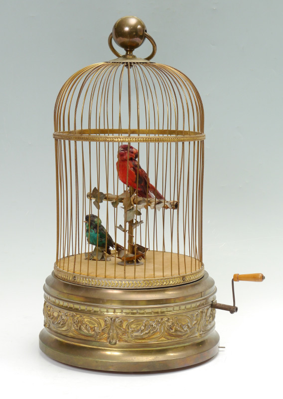 Appraisal: LARGE FRENCH DOUBLE BIRD AUTOMATON IN CAGE whistling and articulated