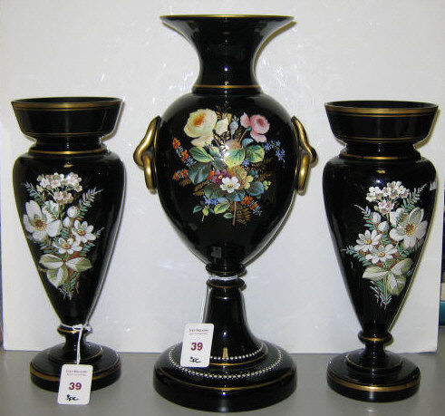 Appraisal: THREE TH CENTURY AMETHYST GLASS VASES All hand painted with