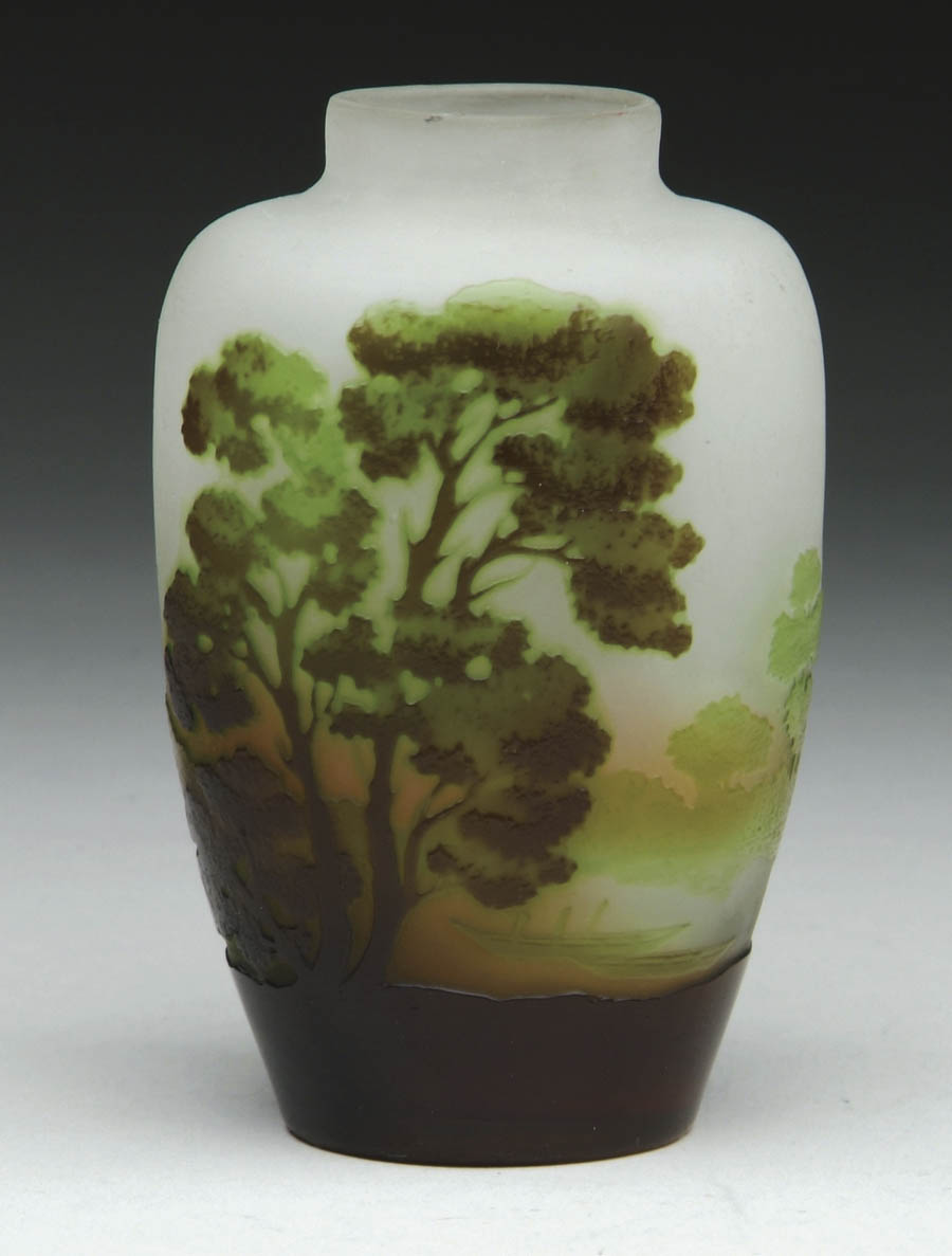 Appraisal: GALL FRENCH CAMEO VASE Brown and green scenic vase on