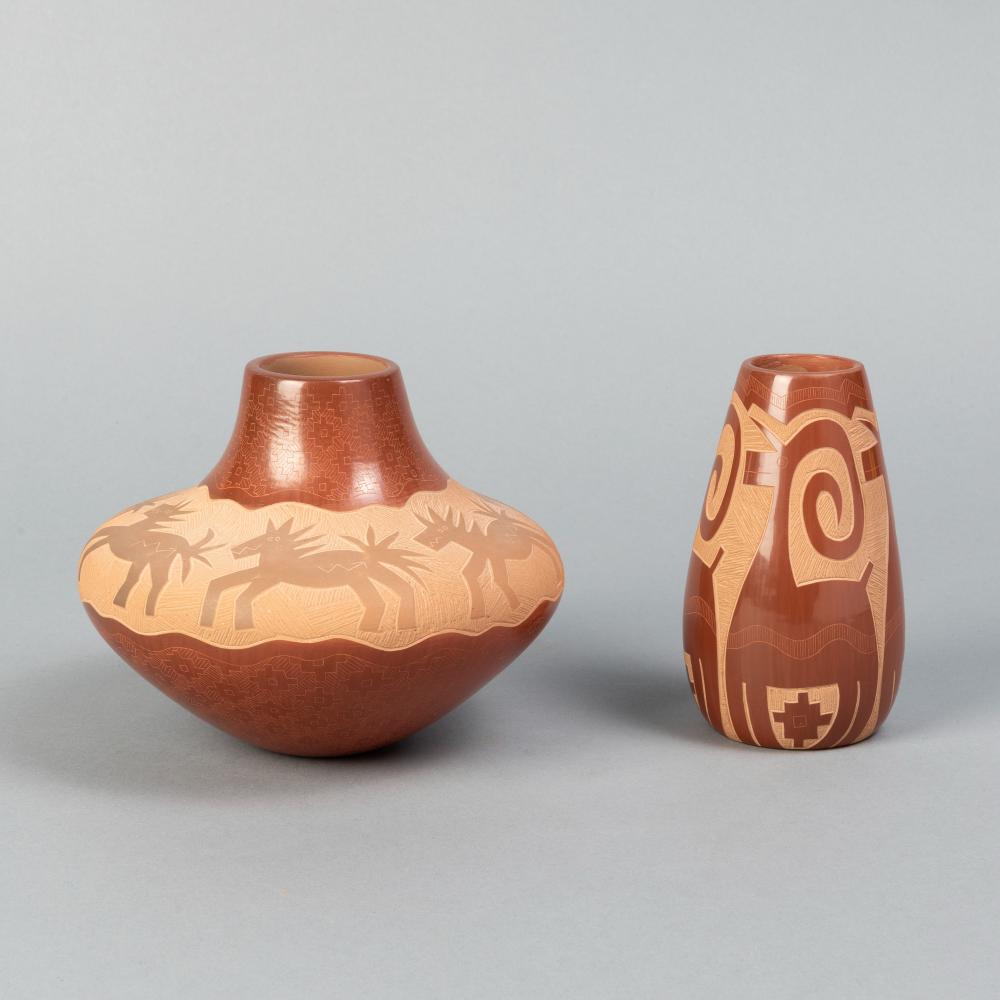 Appraisal: JODY NARANJO PAIR OF CARVED REDWARE VESSELS Jody Naranjo Santa