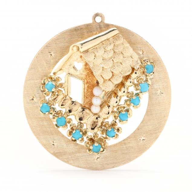 Appraisal: Gold and Gem-Set House Charm The round gold disc charm