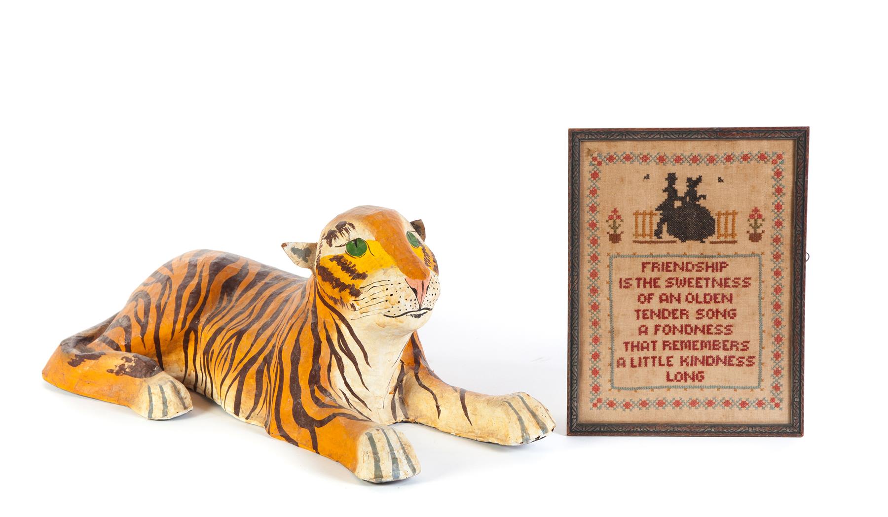 Appraisal: PAPIER MACHE TIGER AND SAMPLER Probably American th century Reclining