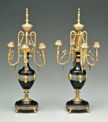 Appraisal: Pair gilt bronze candelabra enameled and patinated with urn pedestals