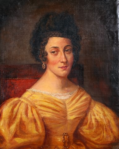 Appraisal: Portrait of seated woman wearing yellow dress oil on canvas