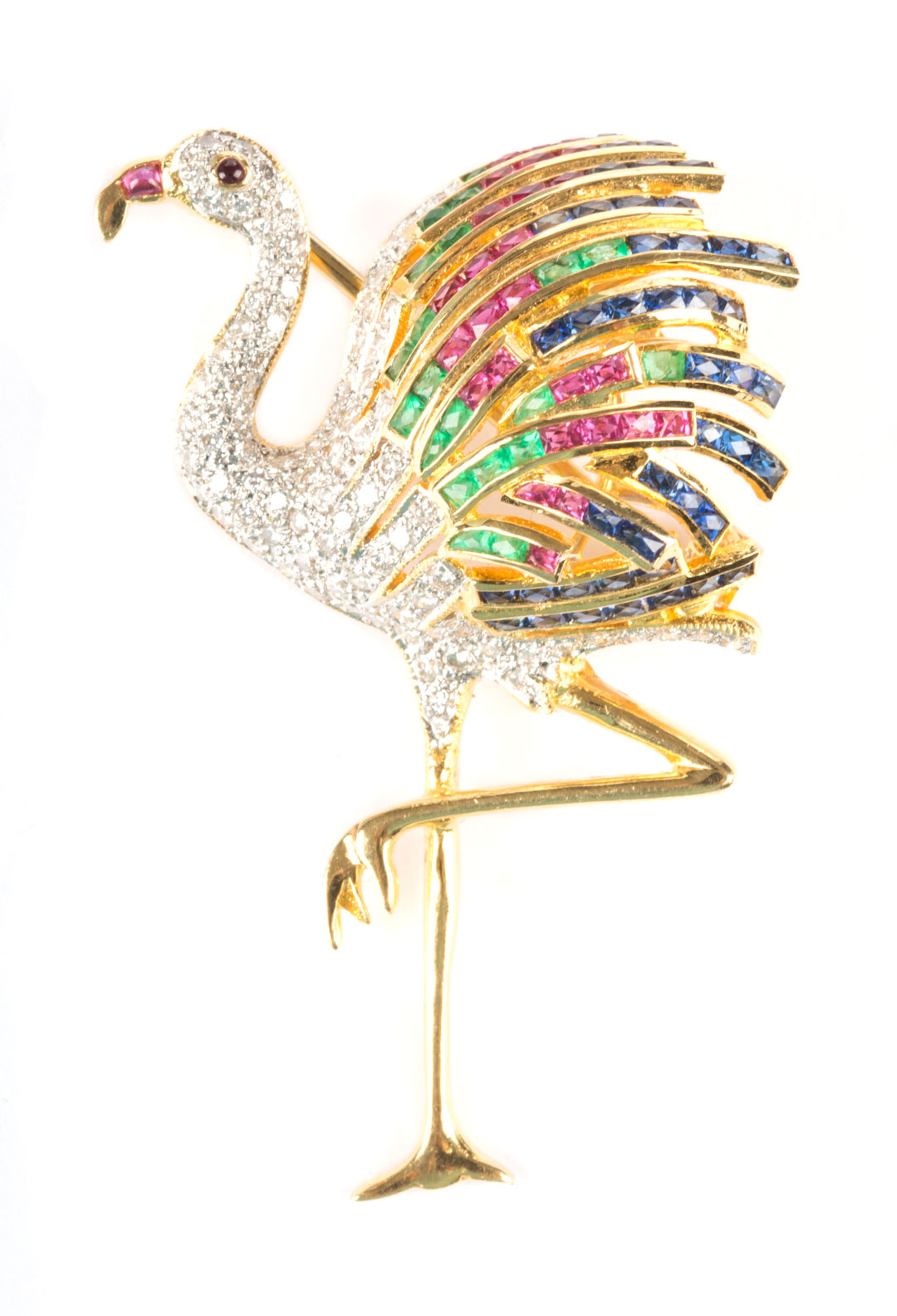 Appraisal: A Multi-Colored Gemstone Flamingo Pendant Pin with diamonds emeralds rubies