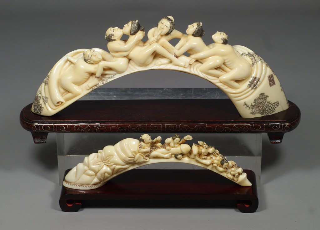 Appraisal: Mammoth Ivory Japanese Carved Erotic Bridges one with six figures