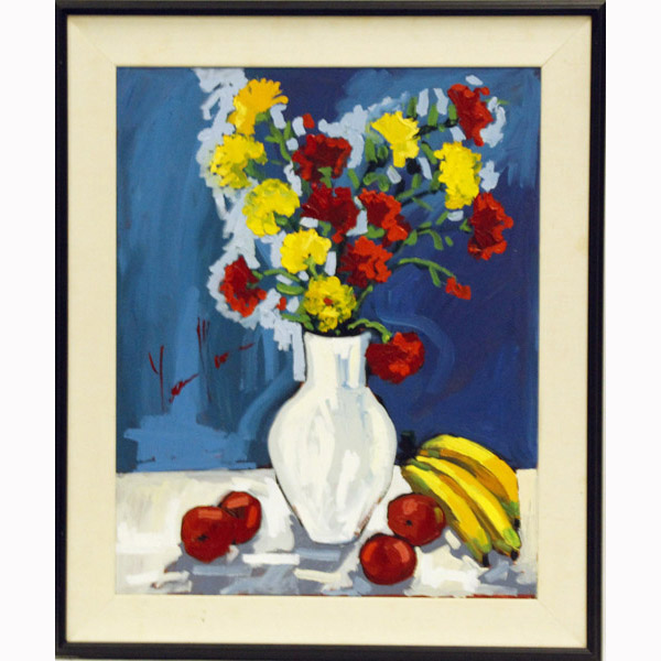 Appraisal: Expressionist floral still life with poppies and fruit acrylic on