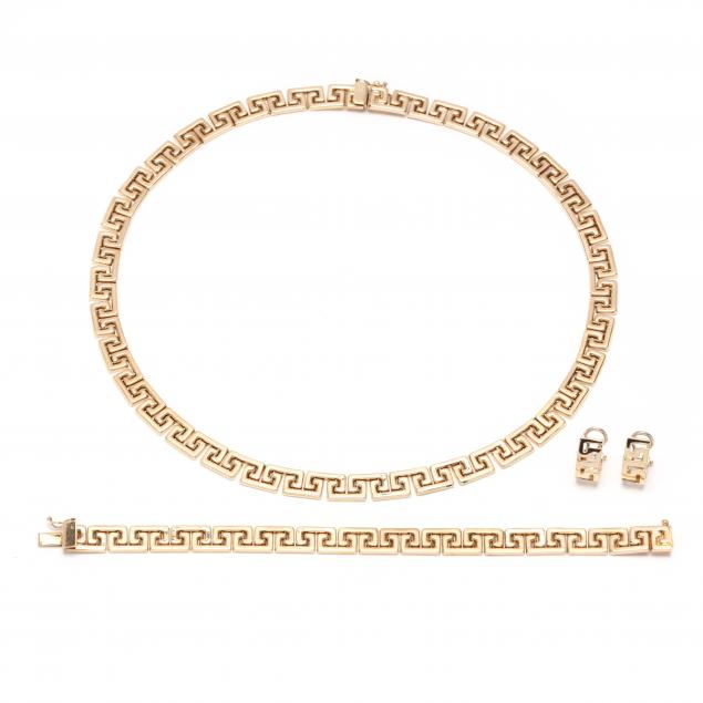 Appraisal: GOLD SUITE Necklace comprised of Greek key motif links completed