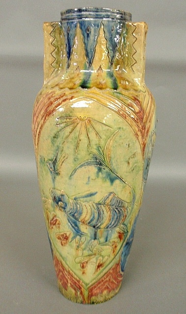 Appraisal: - Unusual colorful glazed pottery vase c with incised fish