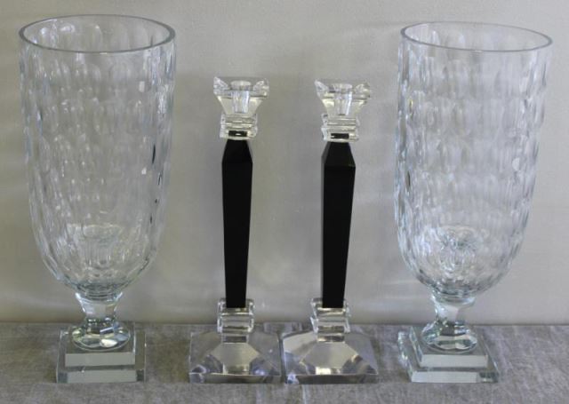 Appraisal: Candlestick Grouping Includes a pair of hurricane style glass candle