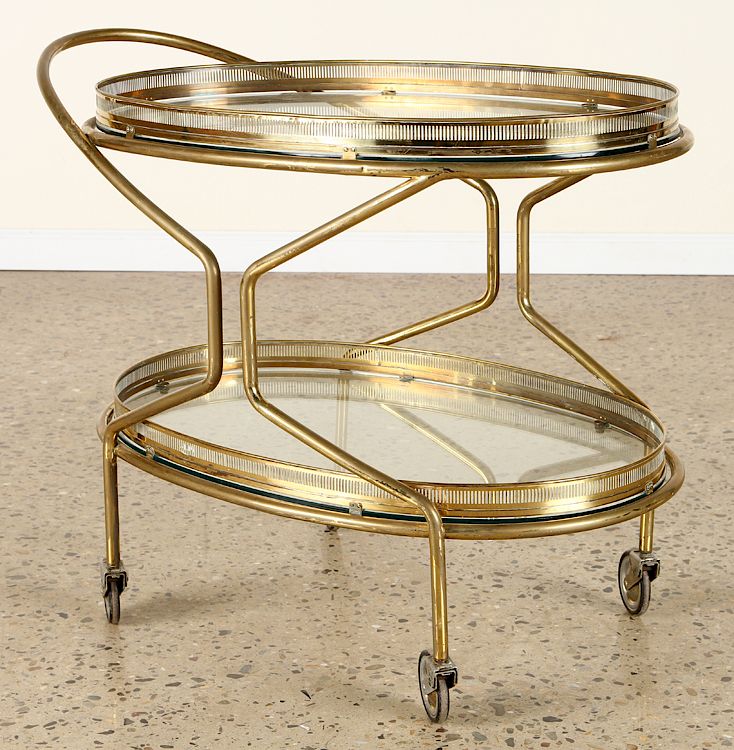 Appraisal: ITALIAN BRASS BAR CART GLASS SHELVES C An Italian two