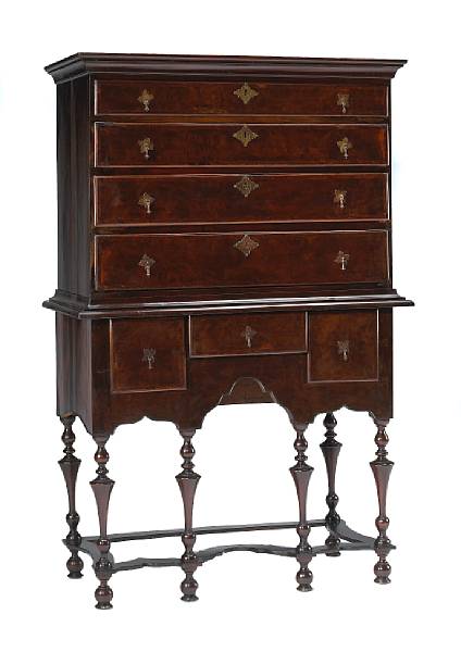 Appraisal: A William and Mary walnut flat top high chest height