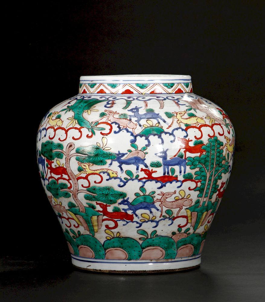 Appraisal: Rare Large Polychrome 'Hundred Deer' Guan Jar The ovoid body