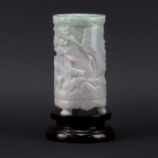 Appraisal: Antique Chinese Carved Light Green Jade Brush Pot on Wooden