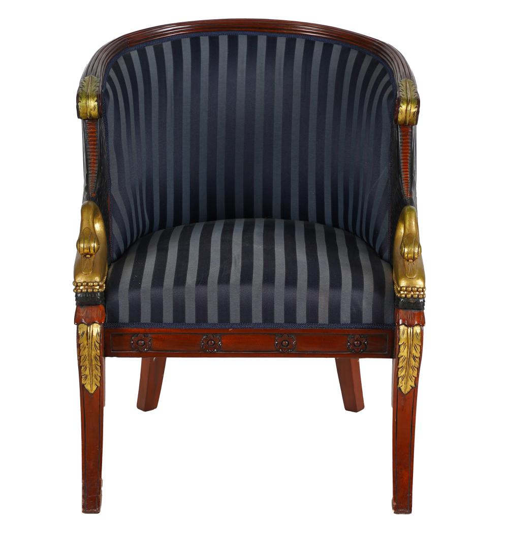 Appraisal: EMPIRE-STYLE ARM CHAIR th century covered with blue-striped damask fabric