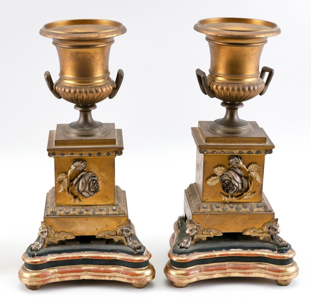 Appraisal: PAIR OF FRENCH EMPIRE BRONZE GARNITURES MID- TH CENTURY HEIGHTS