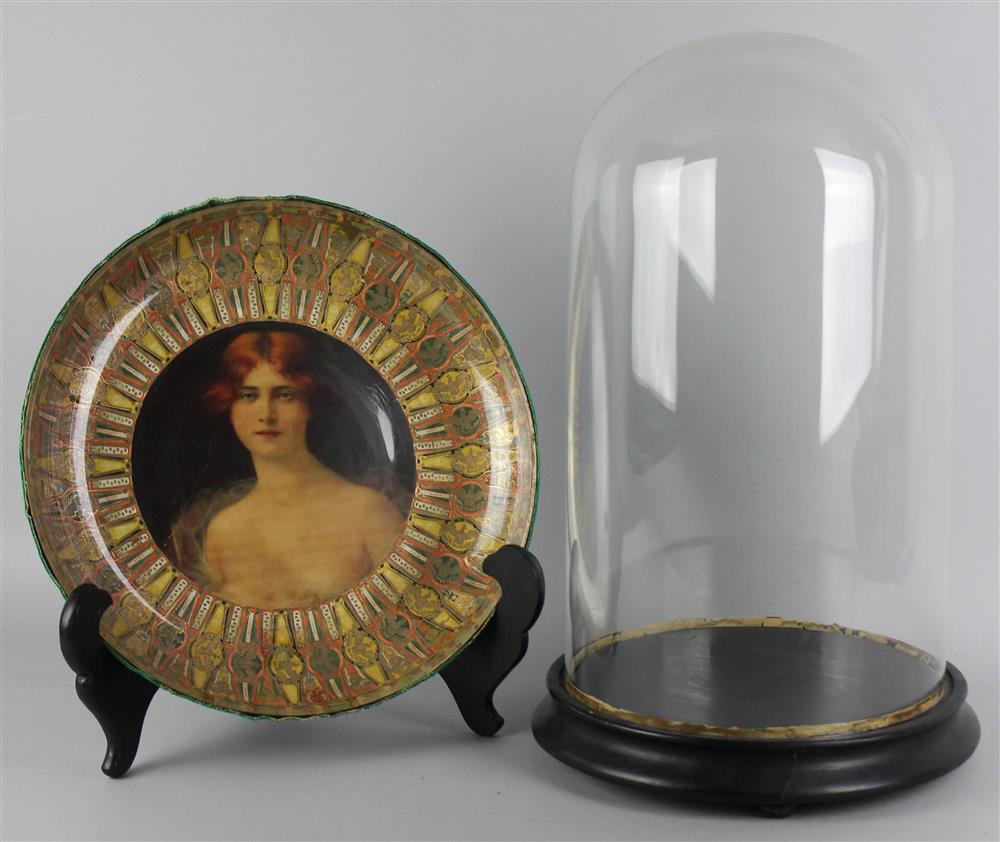 Appraisal: GLASS DOME ON BASE AND A DECALOMANIA GLASS DISH the